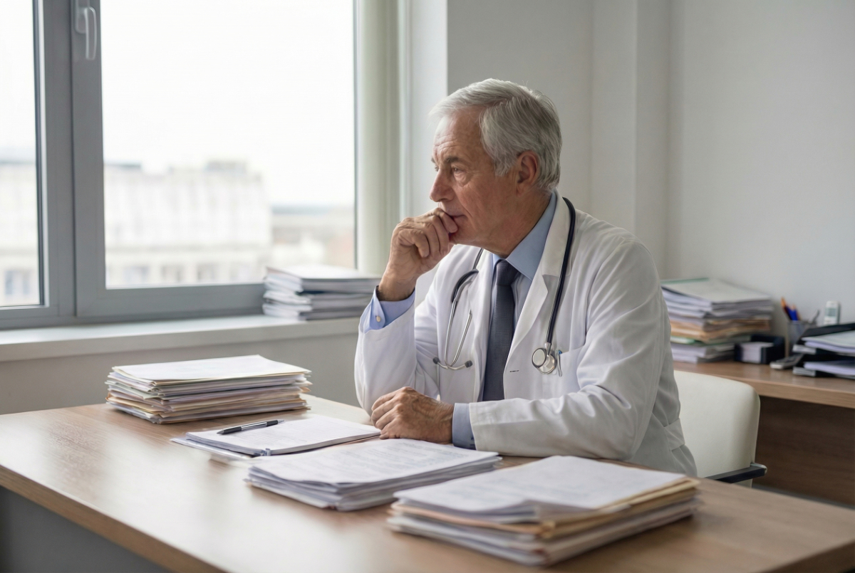 Senior physician sitting at desk concerned about selling their medical practice in a changing market