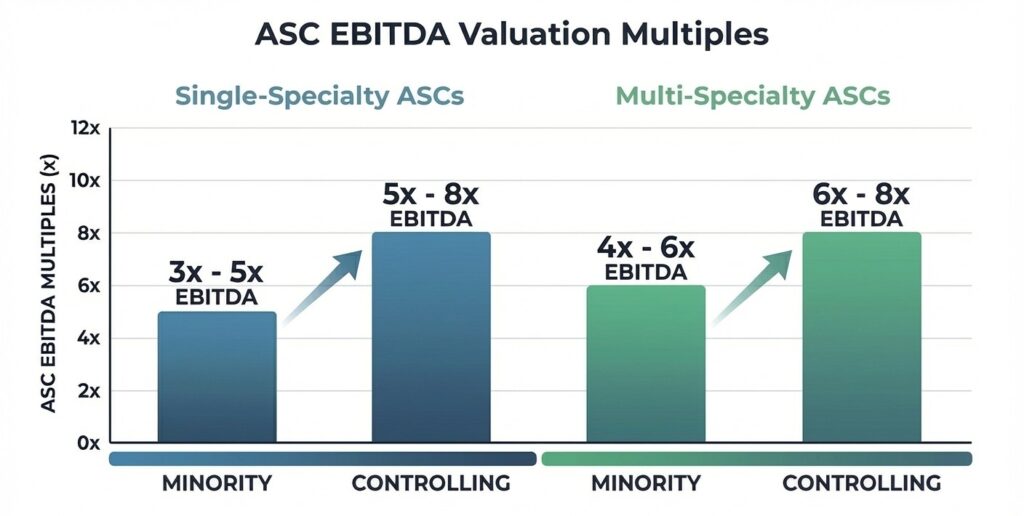 ASC EBITDA valuation multiples chart comparing single-specialty and multi-specialty centers by controlling vs minority ownership